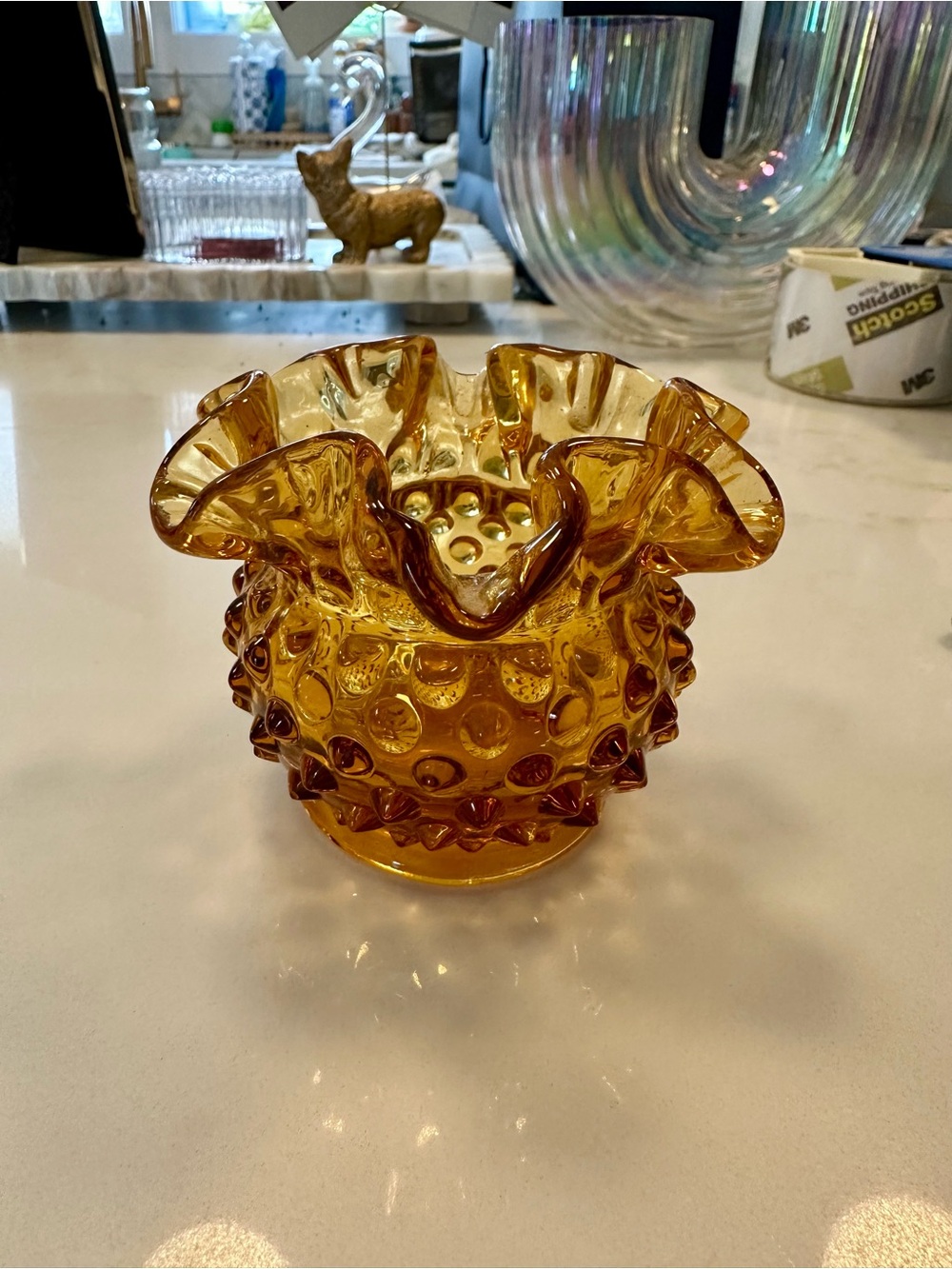 Vintage Fenton Amber Hobnail Bowl With Ruffled Edge-3"